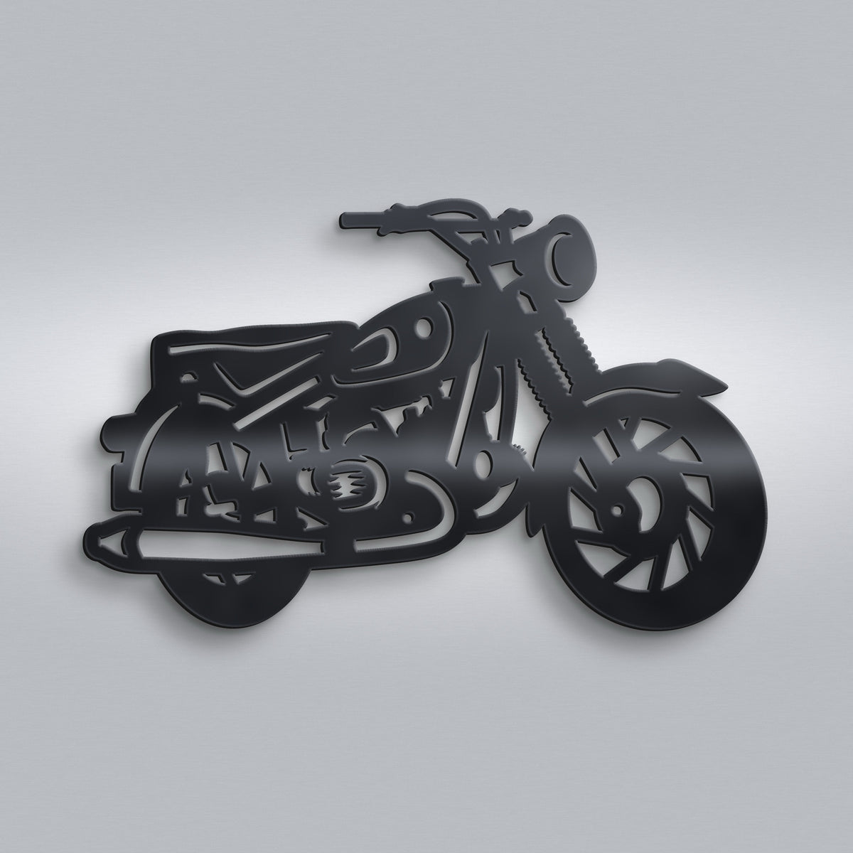 A black metal wall art piece shaped like a cruiser motorcycle, shown against a light gray gradient background.